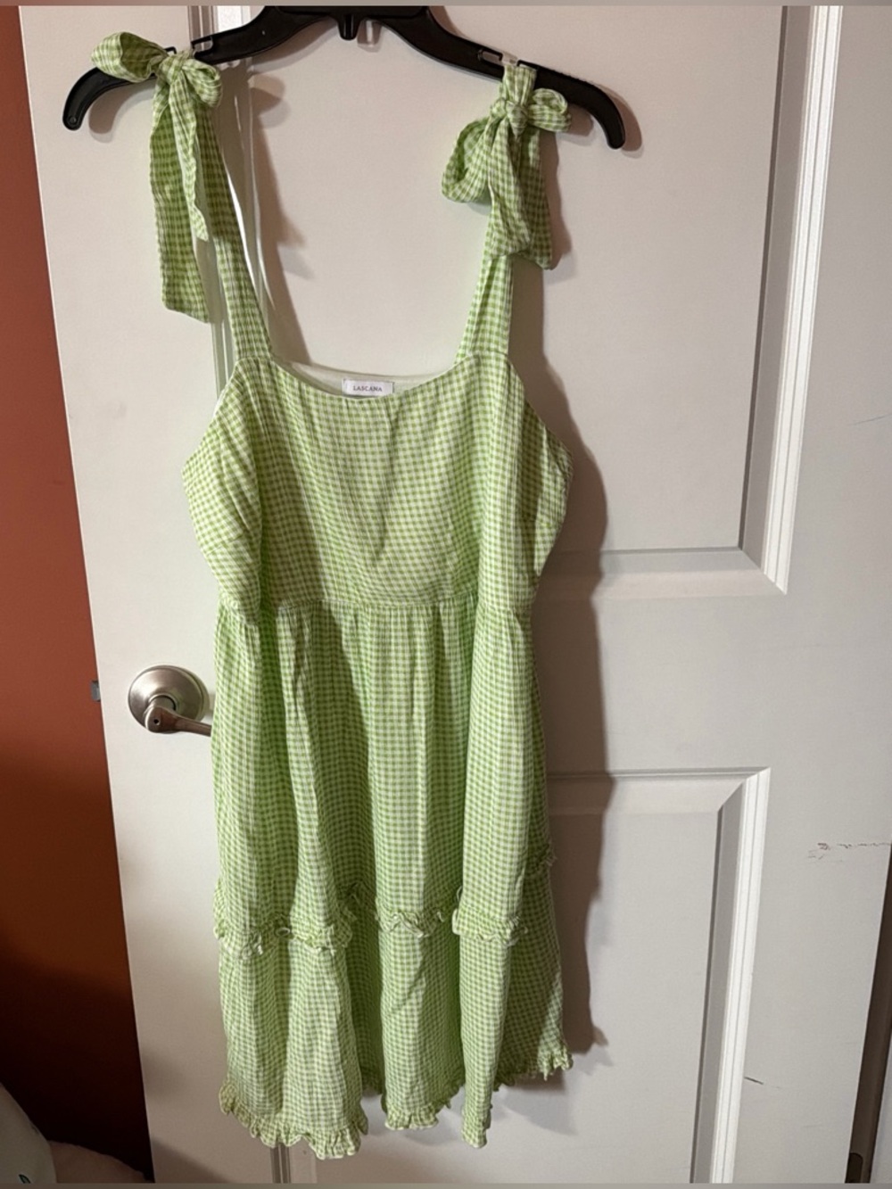 Light Green Gingham Tie-Shoulder Midi Dress